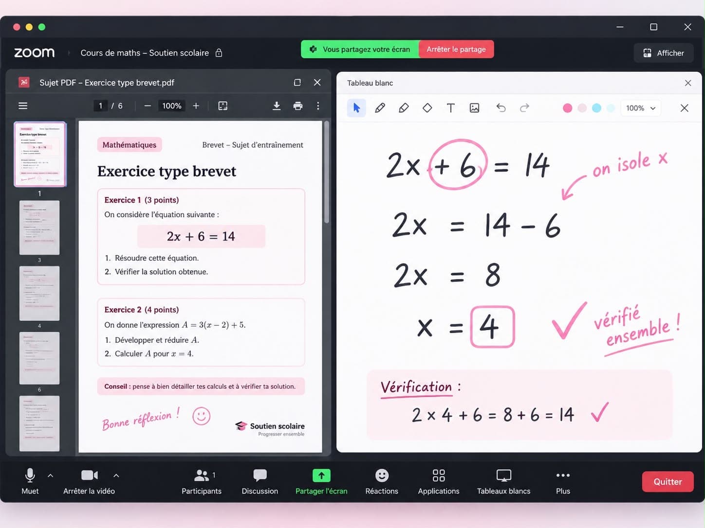 Exemple d’une séance Zoom avec un exercice PDF à gauche et le tableau blanc interactif corrigé à droite
